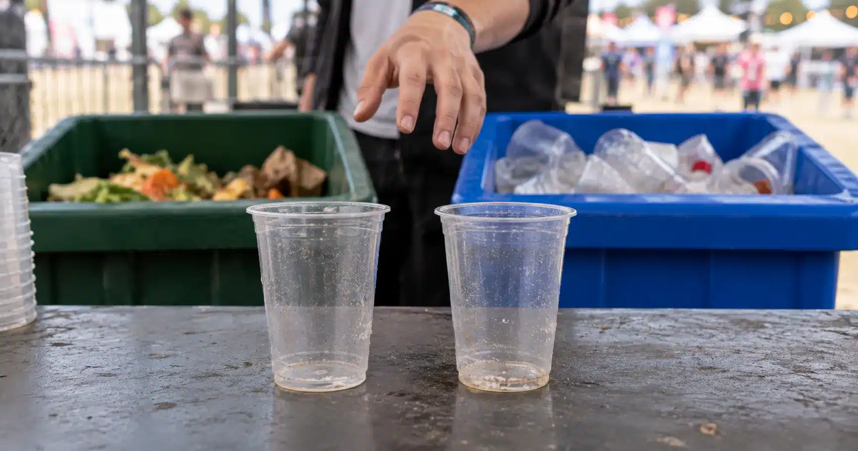 Two visually identical compostable and conventional plastic cups next to sorting bins