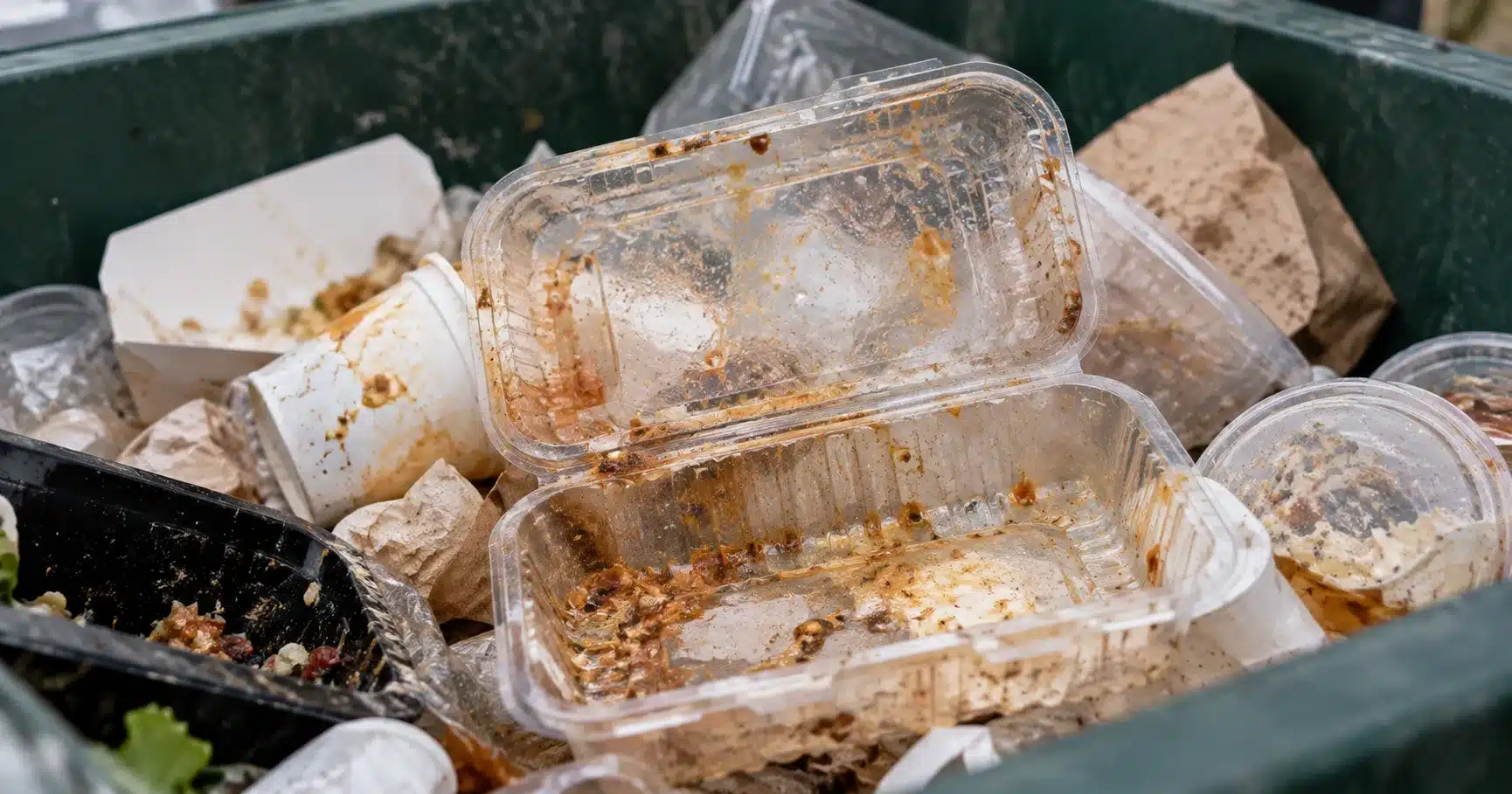 A food-soiled plastic container with visible grease residue in a recycling bin