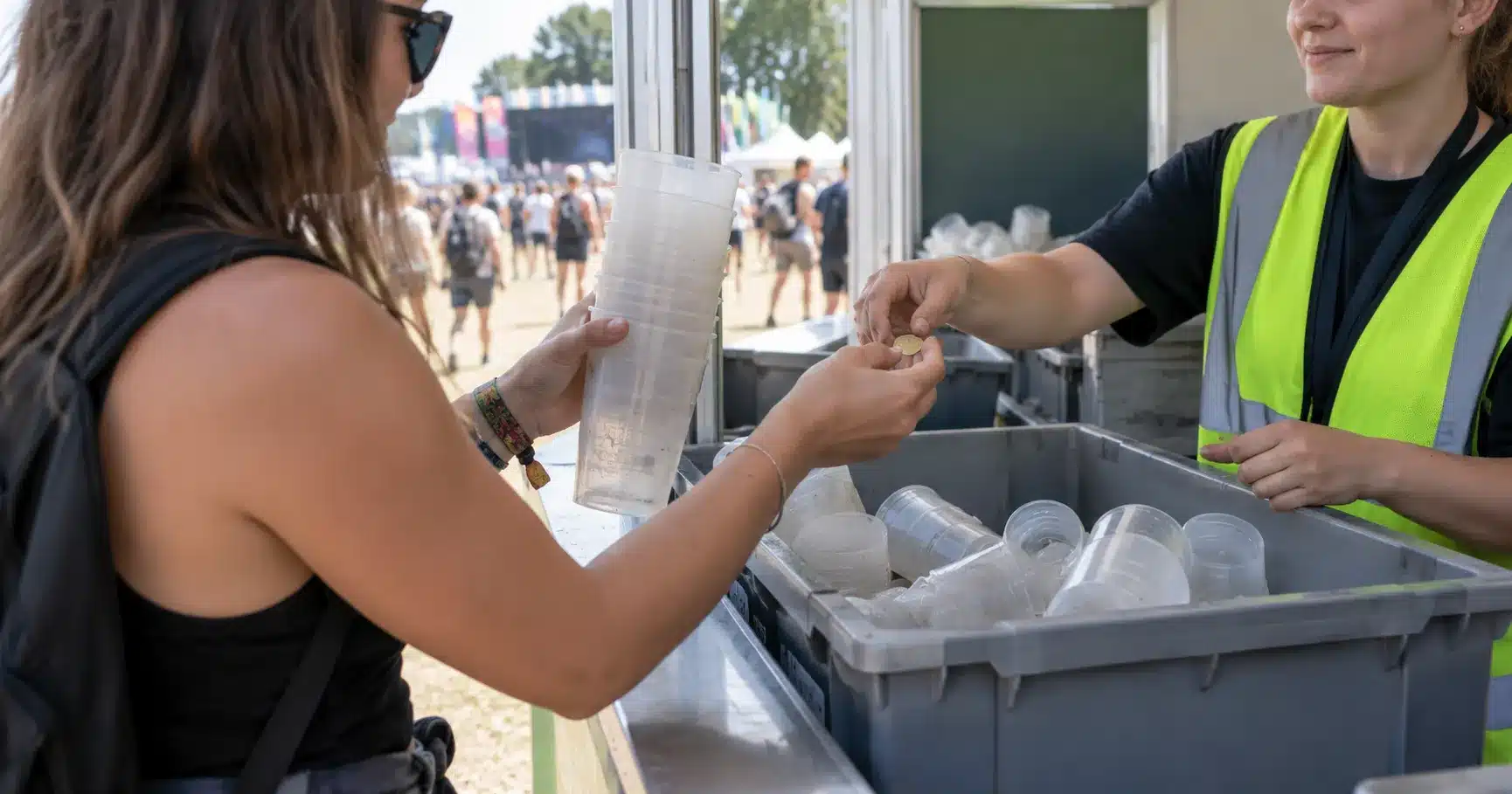 A festival-goer returning reusable cups at a deposit-return kiosk