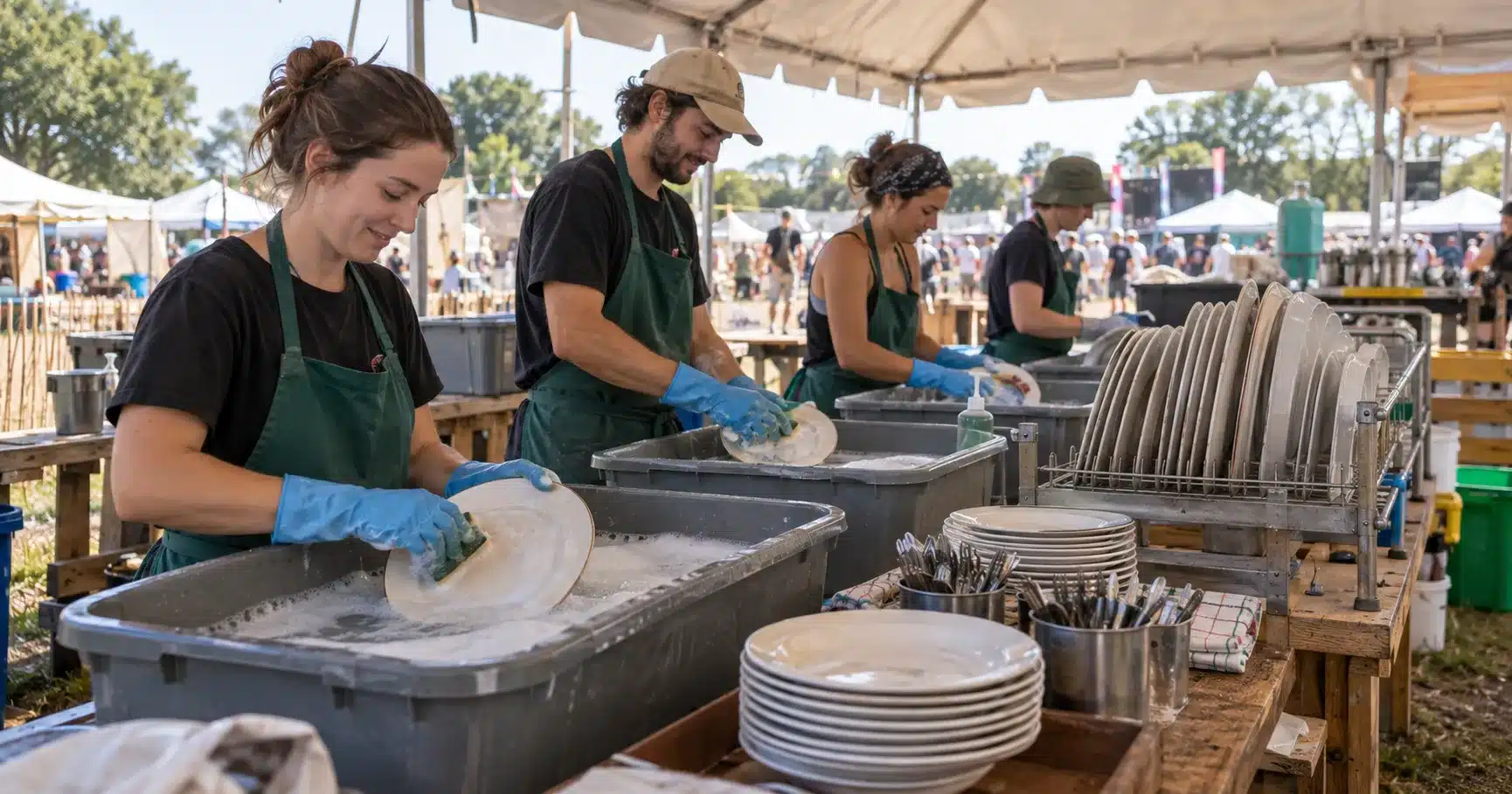 Volunteers washing reusable plates and cutlery at an outdoor festival dishwashing station