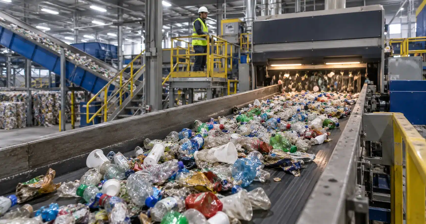 Plastic waste moving along a conveyor belt through a materials recovery facility