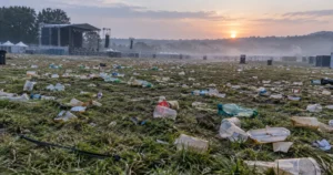 festival plastic : Plastic cups and bottles scattered across an empty festival field at dawn