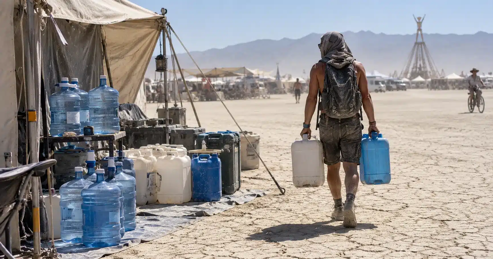 Water containers stacked at a desert festival campsite, carried in by attendees