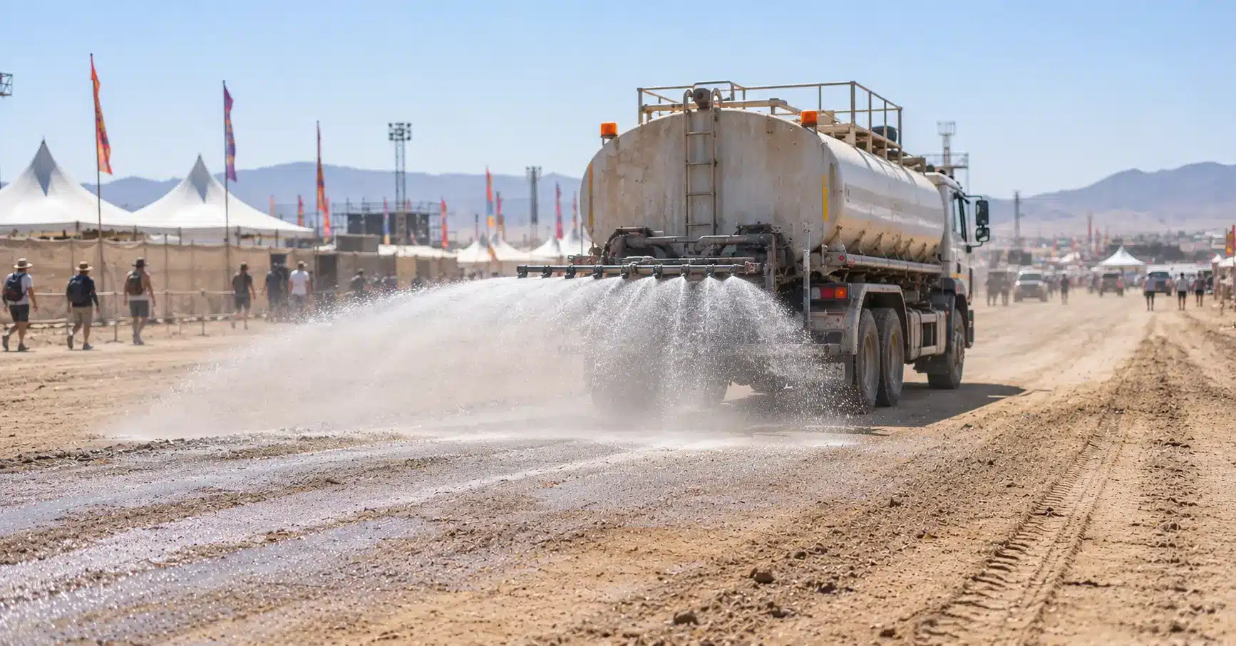 A water truck spraying a dusty festival access road to suppress dust