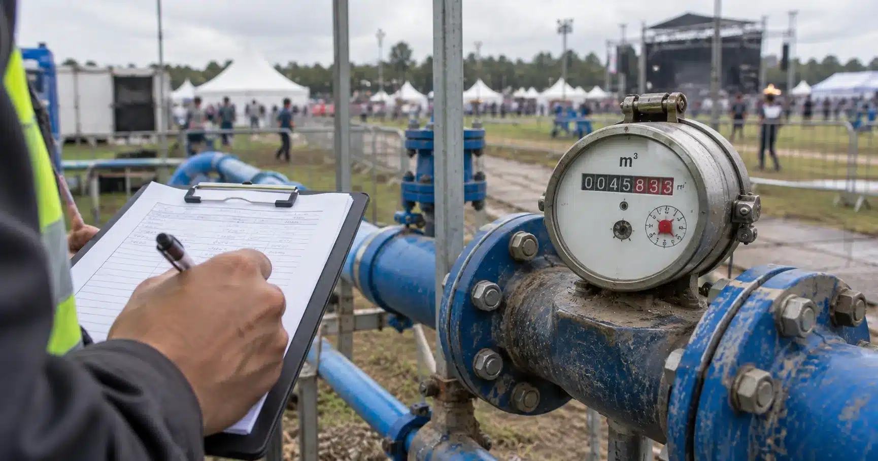 A worker checking a water flow meter on a festival site's supply pipe