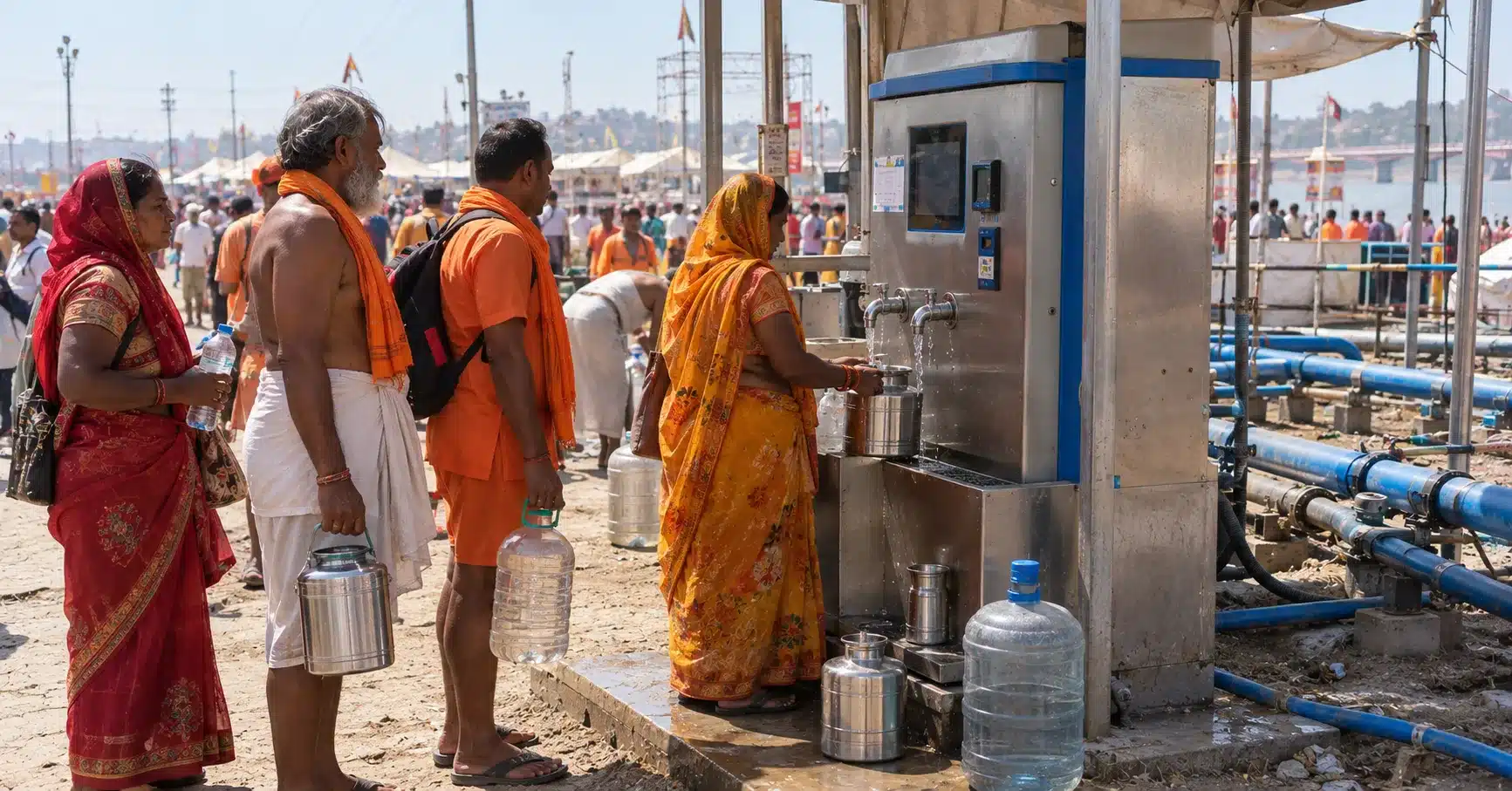 Pilgrims filling containers at a water ATM kiosk at a large religious gathering