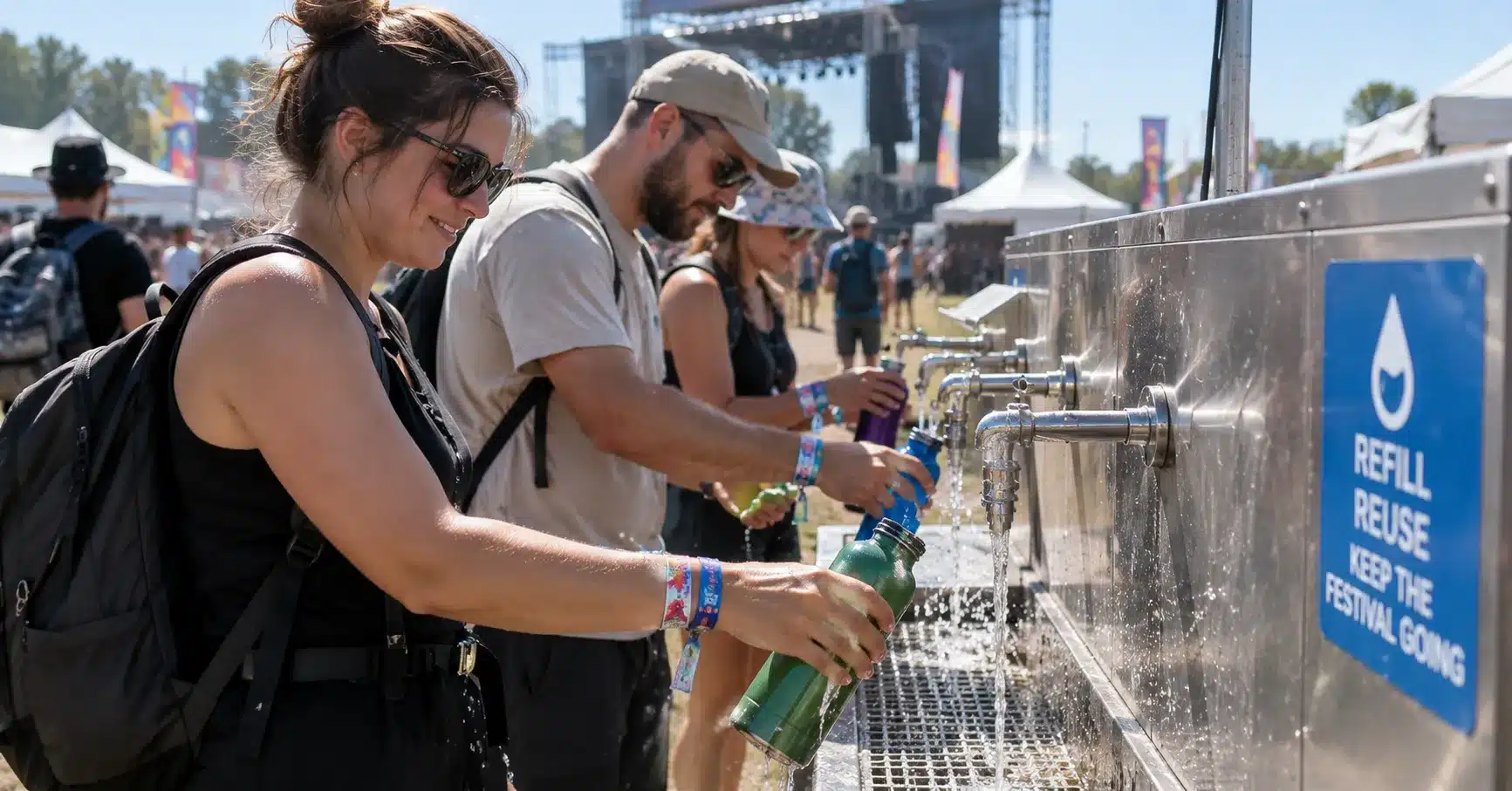 Festival-goers queuing to refill water bottles at an on-site refill station