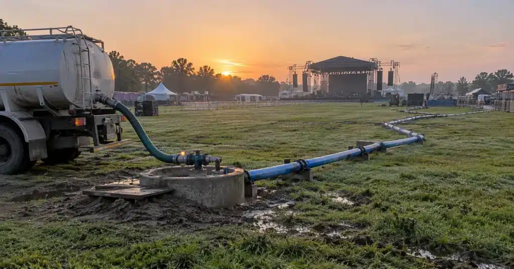 A water tanker connected to pipes supplying a festival site before gates open