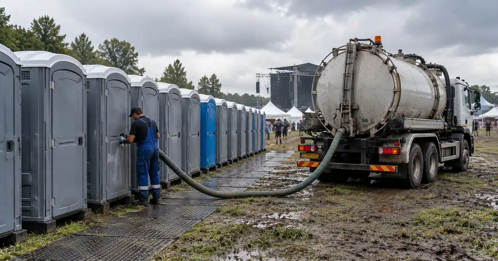 A vacuum tanker servicing a row of portable toilets at a festival site