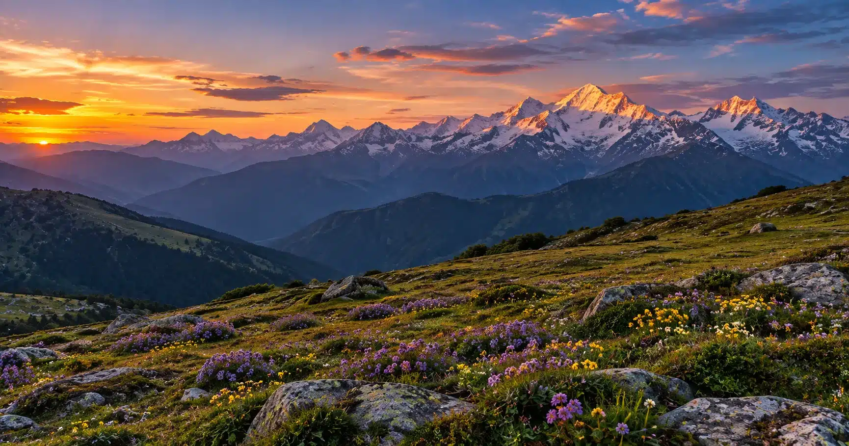 A high-altitude alpine meadow in the Himalayas at dusk, the kind of high pasture referenced in Kinnauri folklore