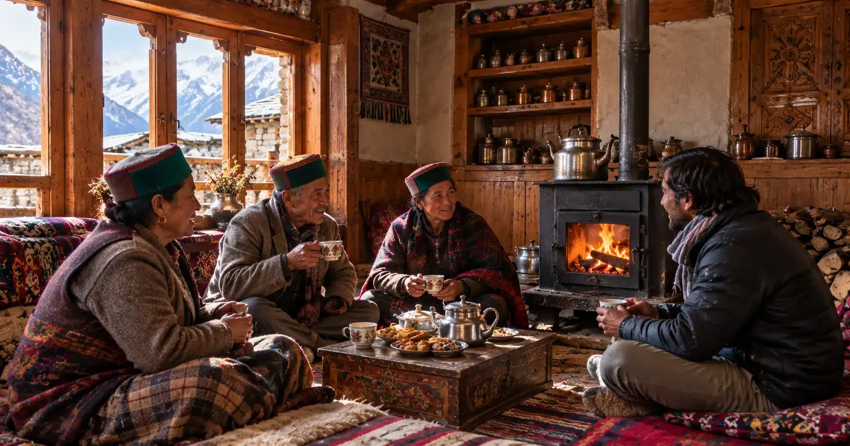 A visitor sharing tea with a host family inside a traditional Kinnauri home