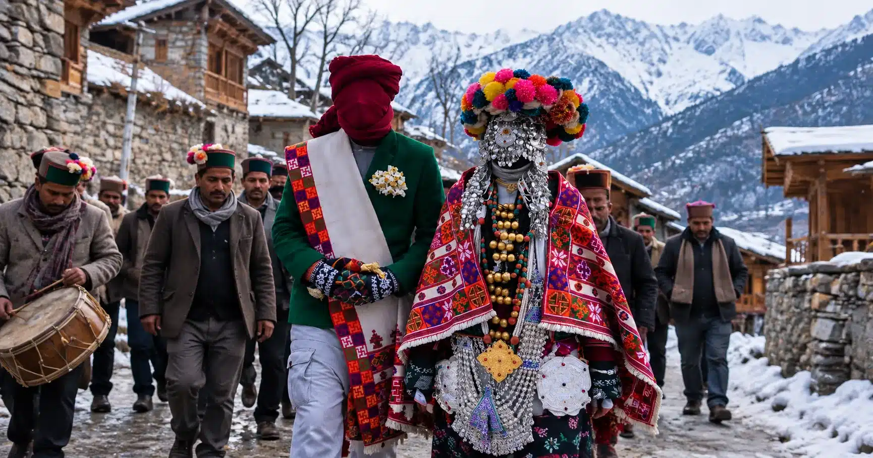 Two wrapped, masked ceremonial figures processing through a Kinnauri village, surrounded by community members
