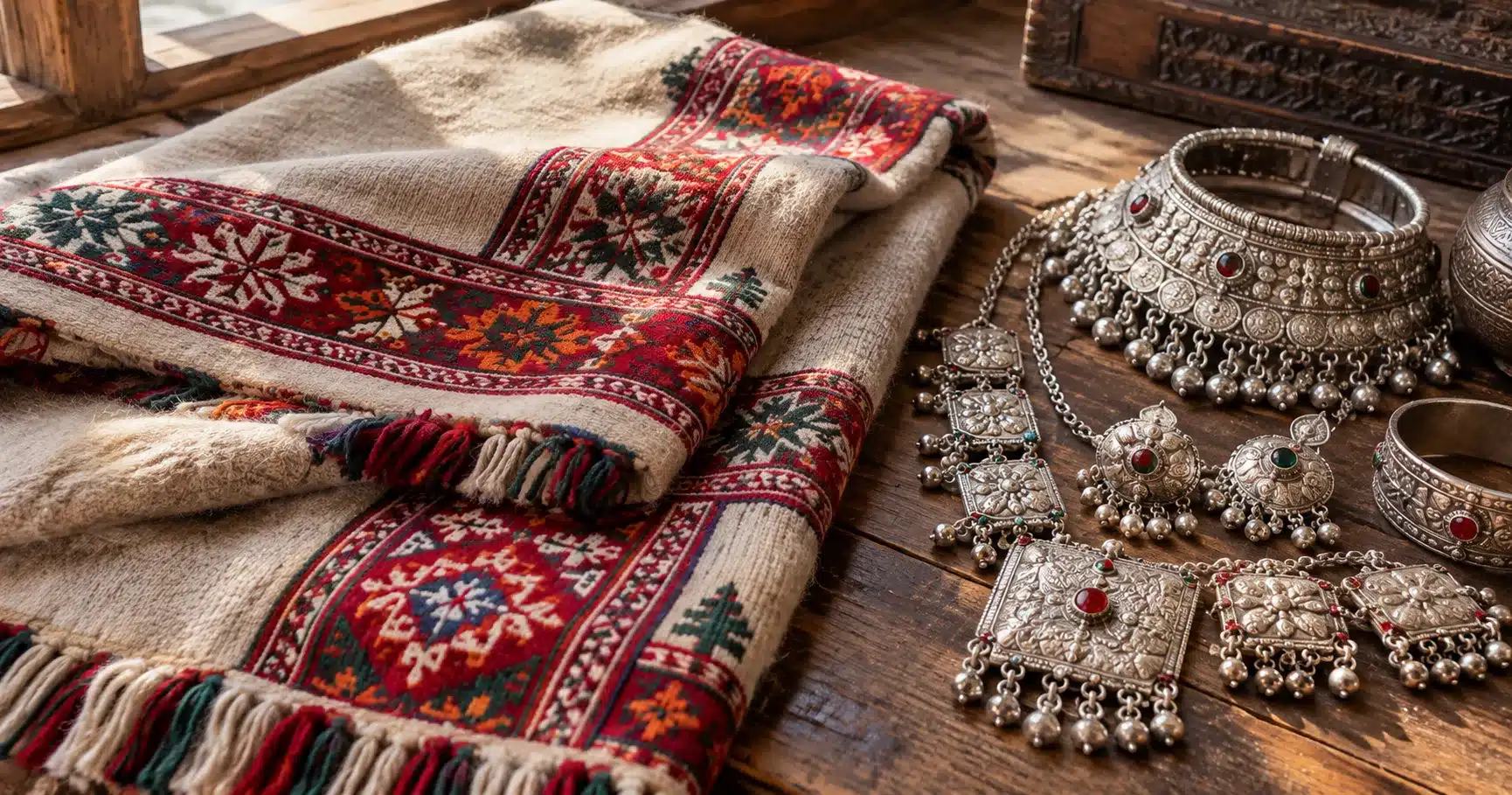 Traditional Kinnauri woollen shawl fabric and silver jewellery laid out together