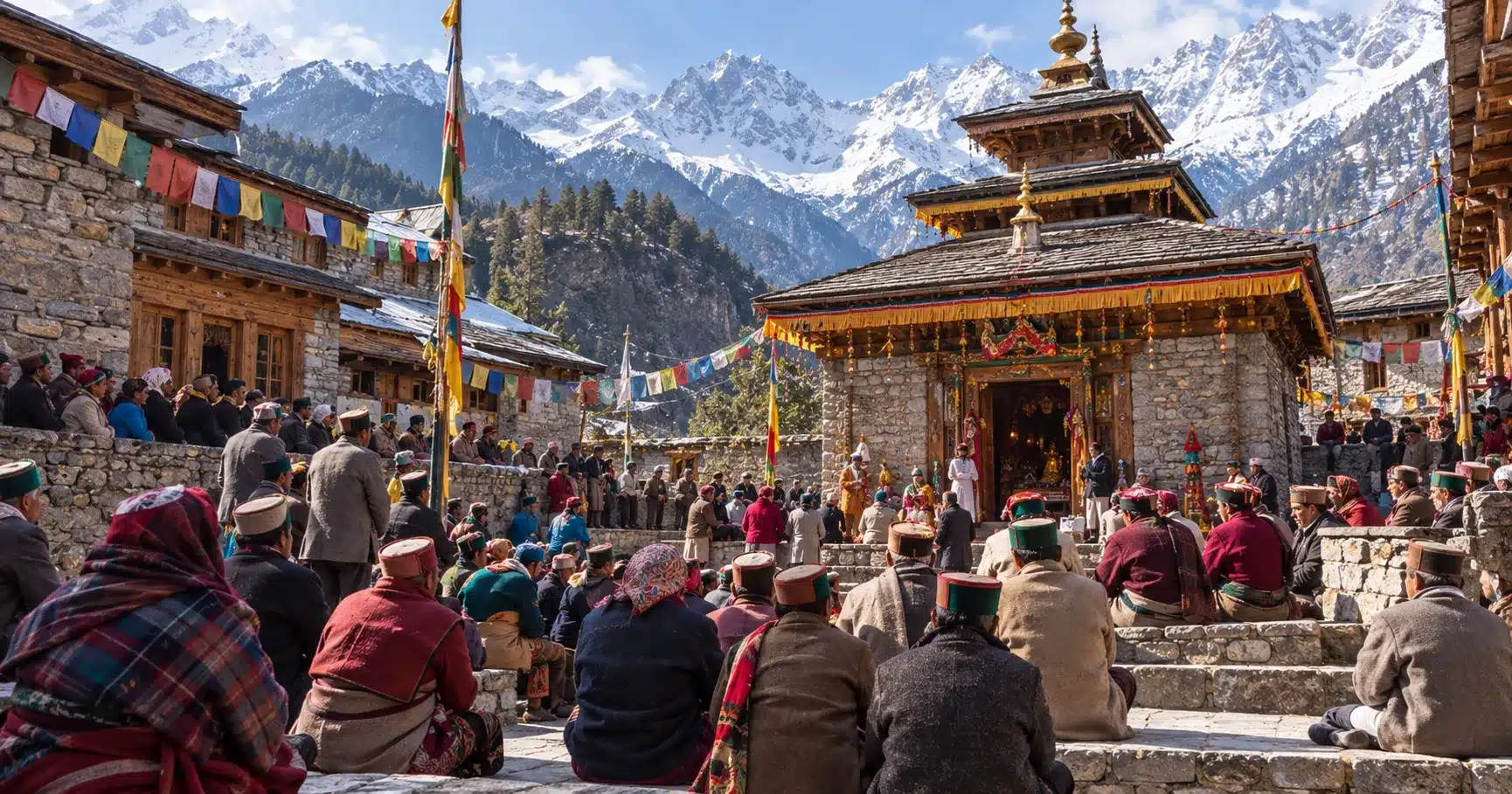 A community gathered in a stone temple courtyard in Kinnaur during a winter ceremony