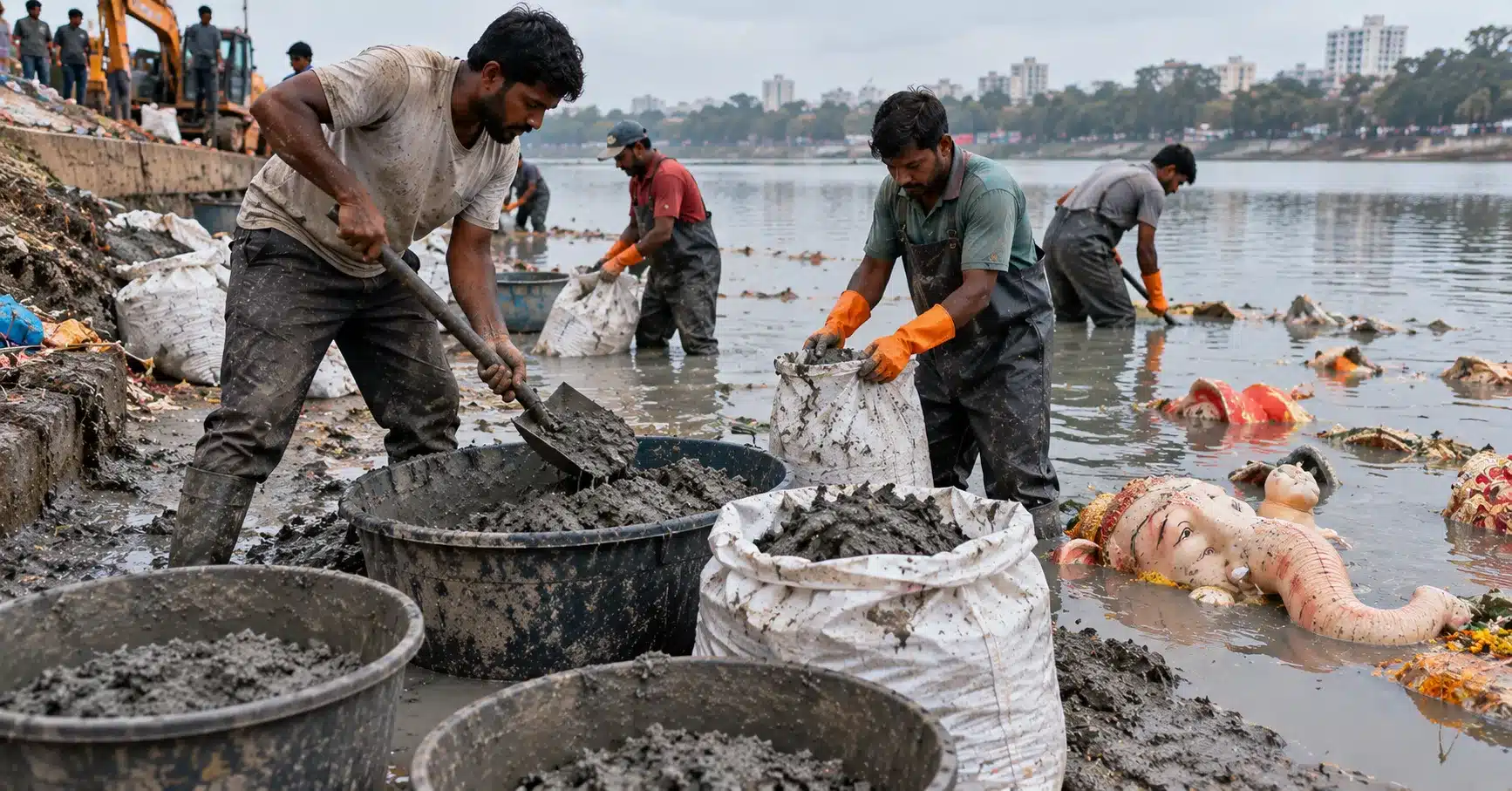 Workers collecting clay sludge from immersed idols for recycling into new ones