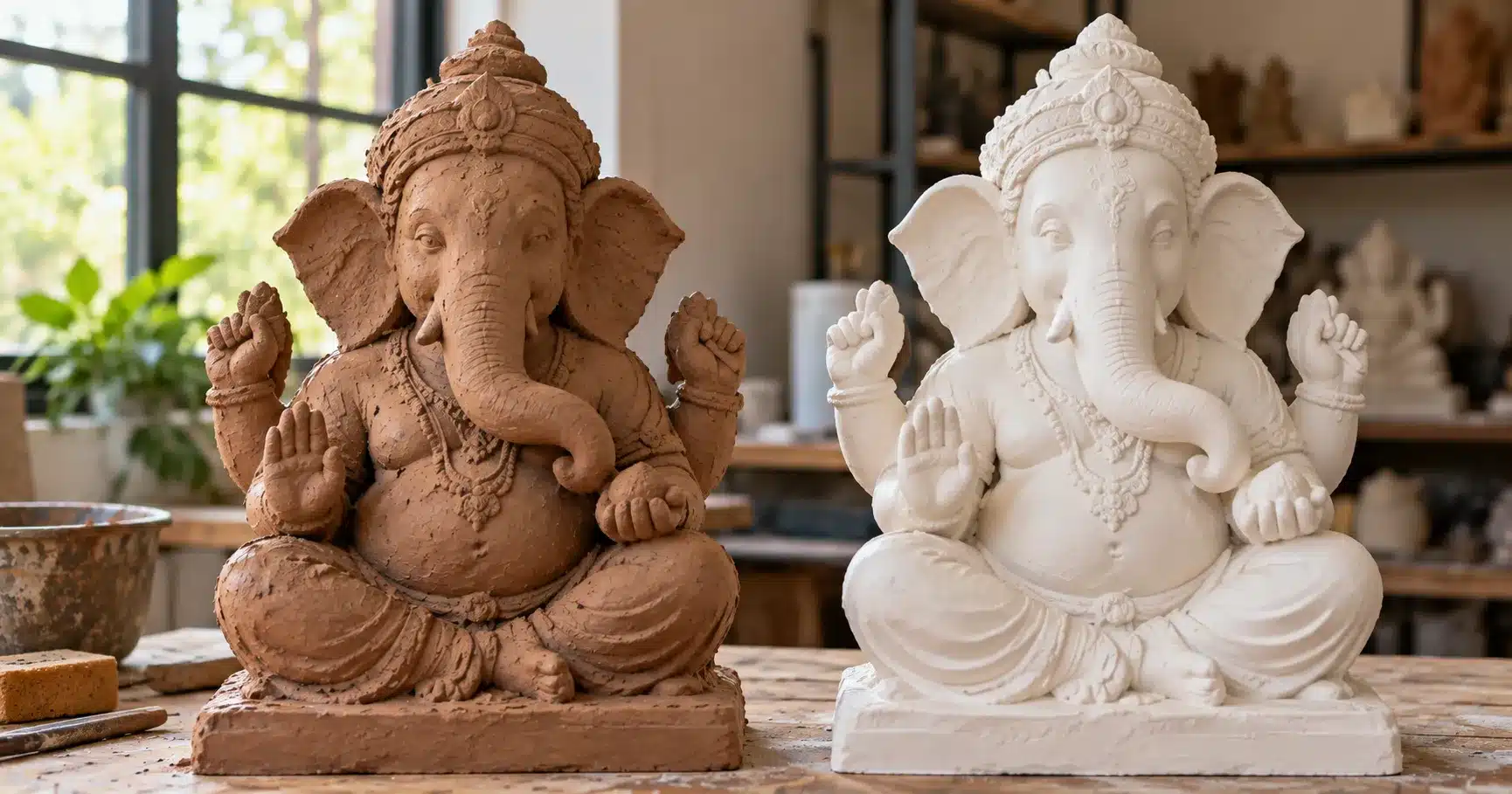 An unpainted clay idol next to a Plaster of Paris idol, showing the material difference