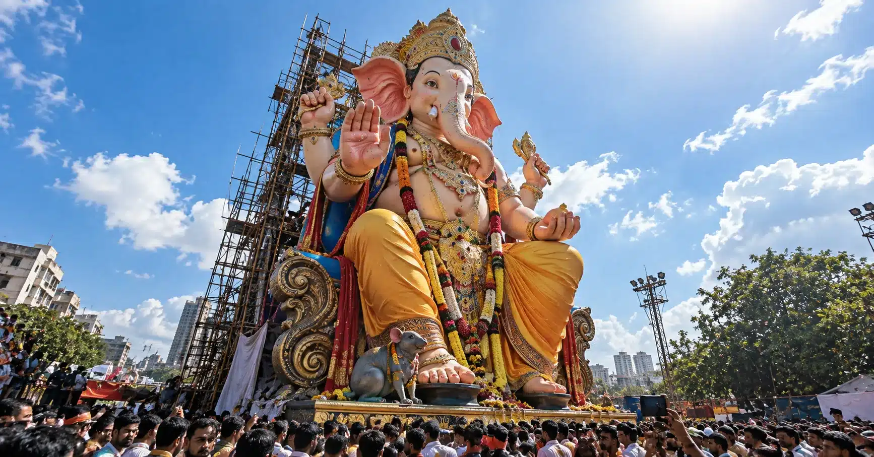 A massive multi-storey public Ganesh idol towering over a crowd during procession