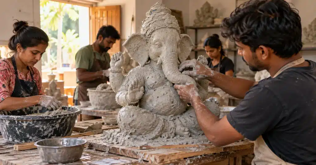 zero-waste festival : Volunteers shaping a Ganesh idol from reused paper pulp in a workshop