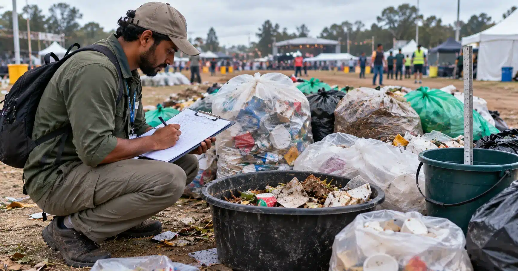 A researcher recording waste data on a clipboard during a festival sustainability audit