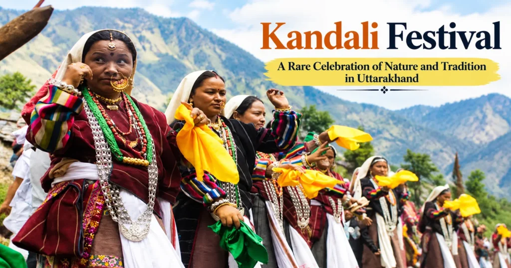 Kandali Festival in Uttarakhand with women in traditional Himalayan attire celebrating against a mountain backdrop