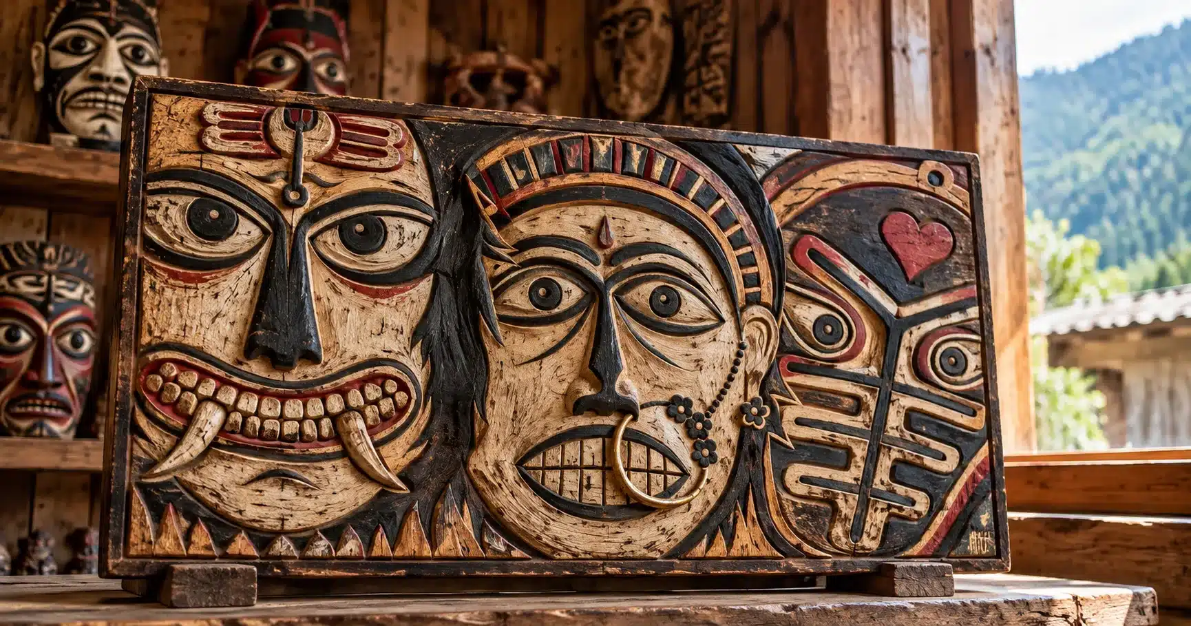 A large carved wooden mask with a fierce expression, representing the Lakhiya Bhoot figure