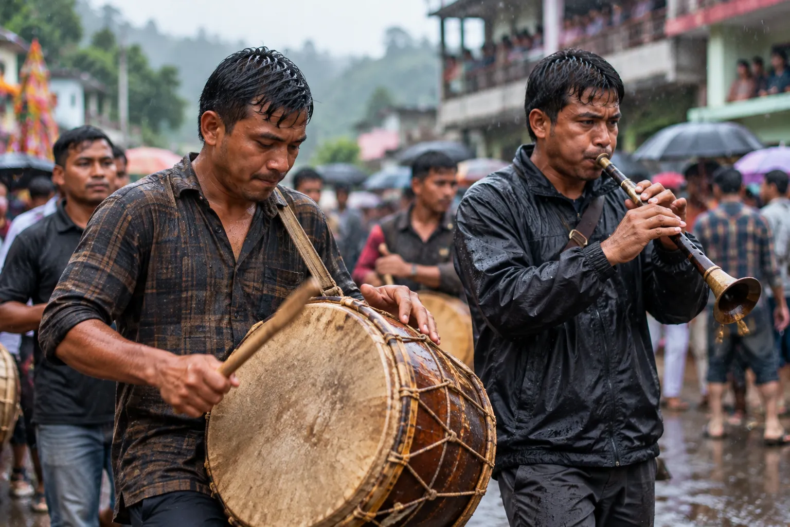 Drummer and pipe player performing in the rain on a Jowai street during the Behdienkhlam festival
