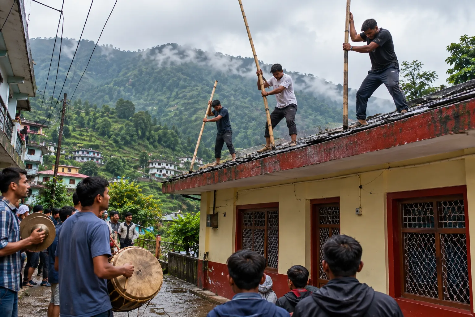 Young men on a house roof beating it with long bamboo poles, with drummers below, in a Behdienkhlam ritual