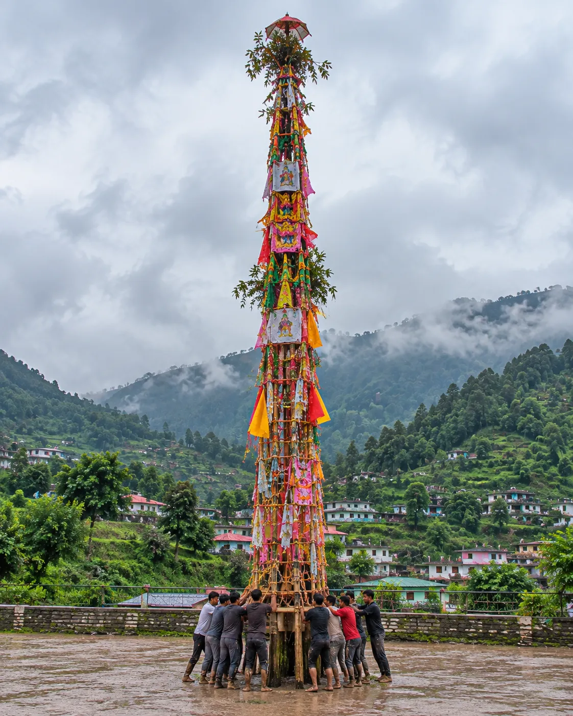 Annotated photo of a tall bamboo rot with coloured paper, tinsel and messages, carried by young men