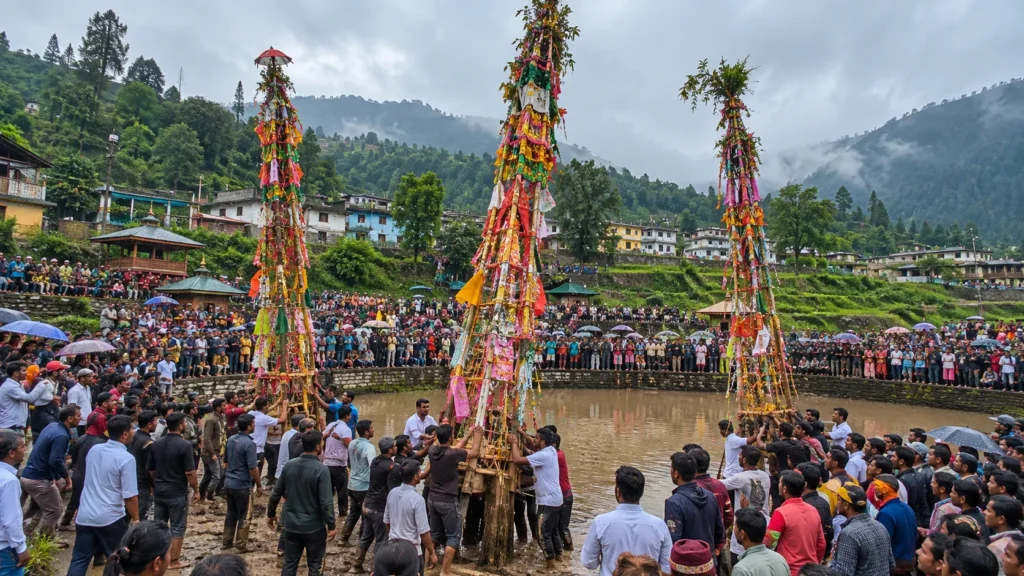 Tall decorated bamboo rots carried by a crowd towards the muddy Aitnar pool in Jowai during Behdienkhlam