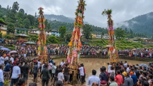 Tall decorated bamboo rots carried by a crowd towards the muddy Aitnar pool in Jowai during Behdienkhlam