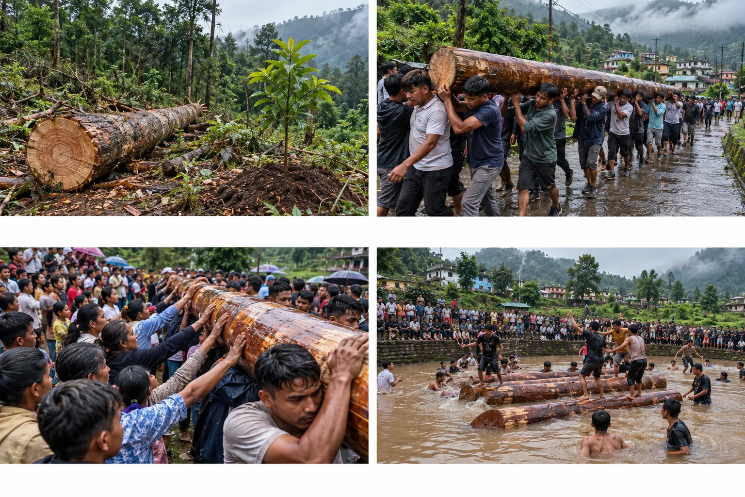Four-step photo sequence of the sacred log's journey from forest to the Aitnar pool, with short labels