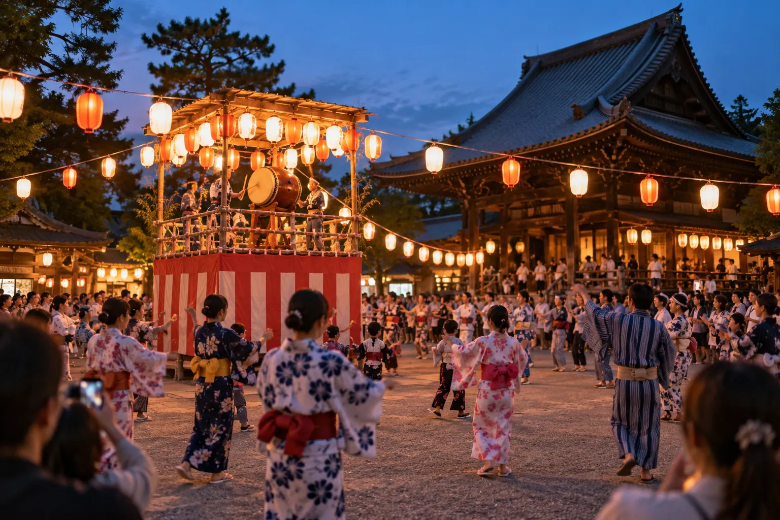 Dancers in yukata circle a wooden yagura platform under paper lanterns during a Bon Odori dance at a temple