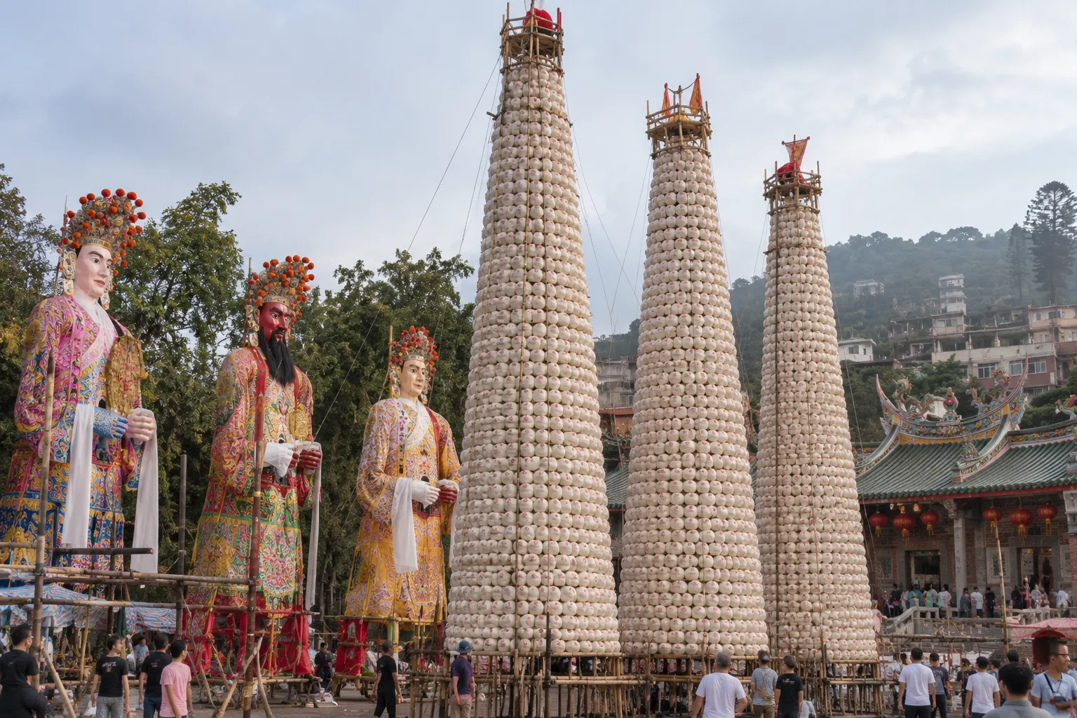 Bamboo towers covered in buns beside tall paper figures near Pak Tai Temple during the Cheung Chau Jiao festival