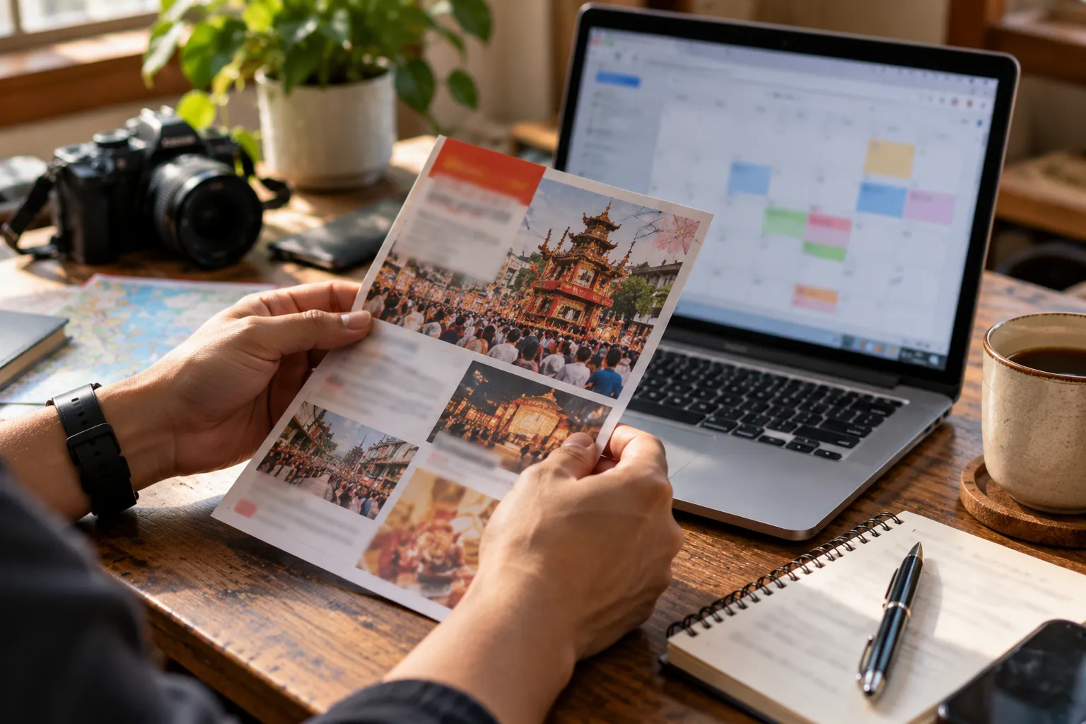 Hands holding a printed festival leaflet beside a laptop showing a calendar page