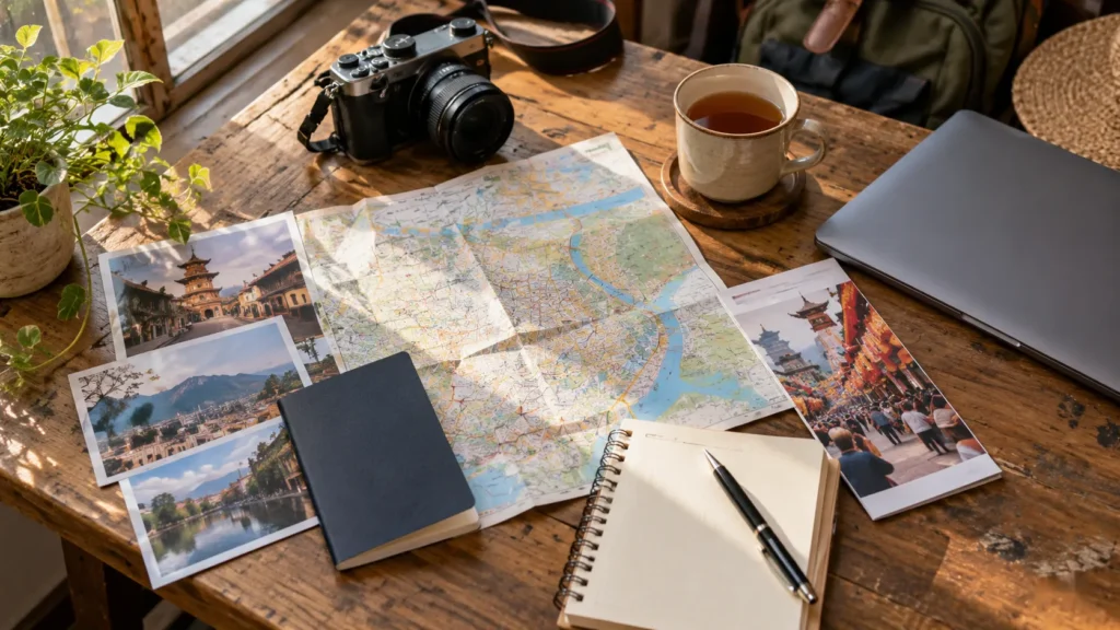 Desk with a folded paper city map, passport, notebook, pen and a printed festival leaflet in window light