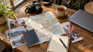 Desk with a folded paper city map, passport, notebook, pen and a printed festival leaflet in window light