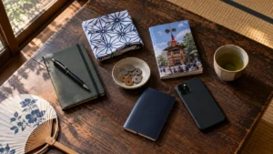 Notebook, coins, passport and a folded hand towel on a wooden table while planning a festival trip budget
