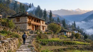responsible cultural tourism : Stone houses with slate roofs and wooden balconies above terraced fields in a Garhwal village as a traveller walks up a path