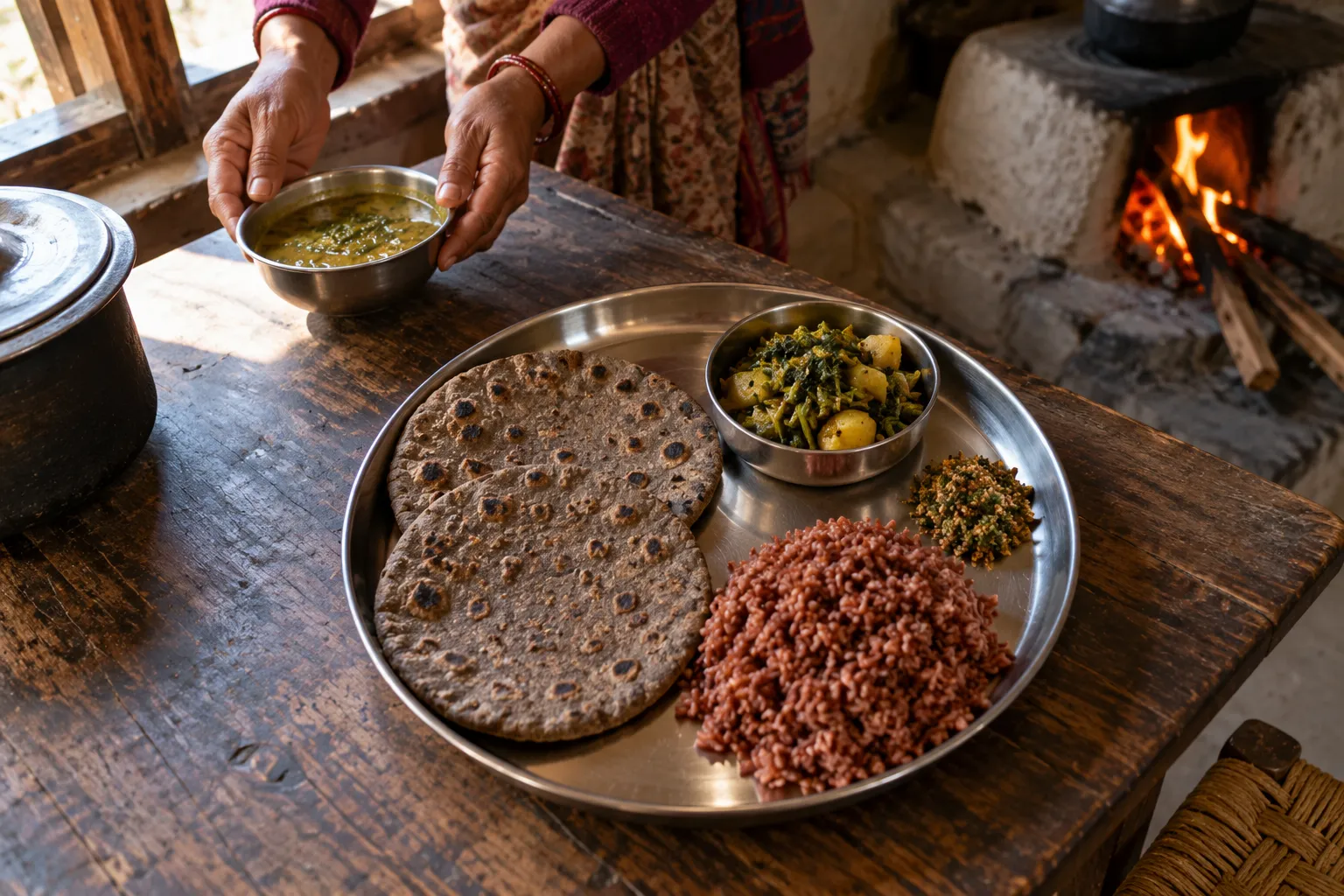 Annotated photo of a Garhwali meal on a steel thali: mandua roti, red rice, bhujji and loon