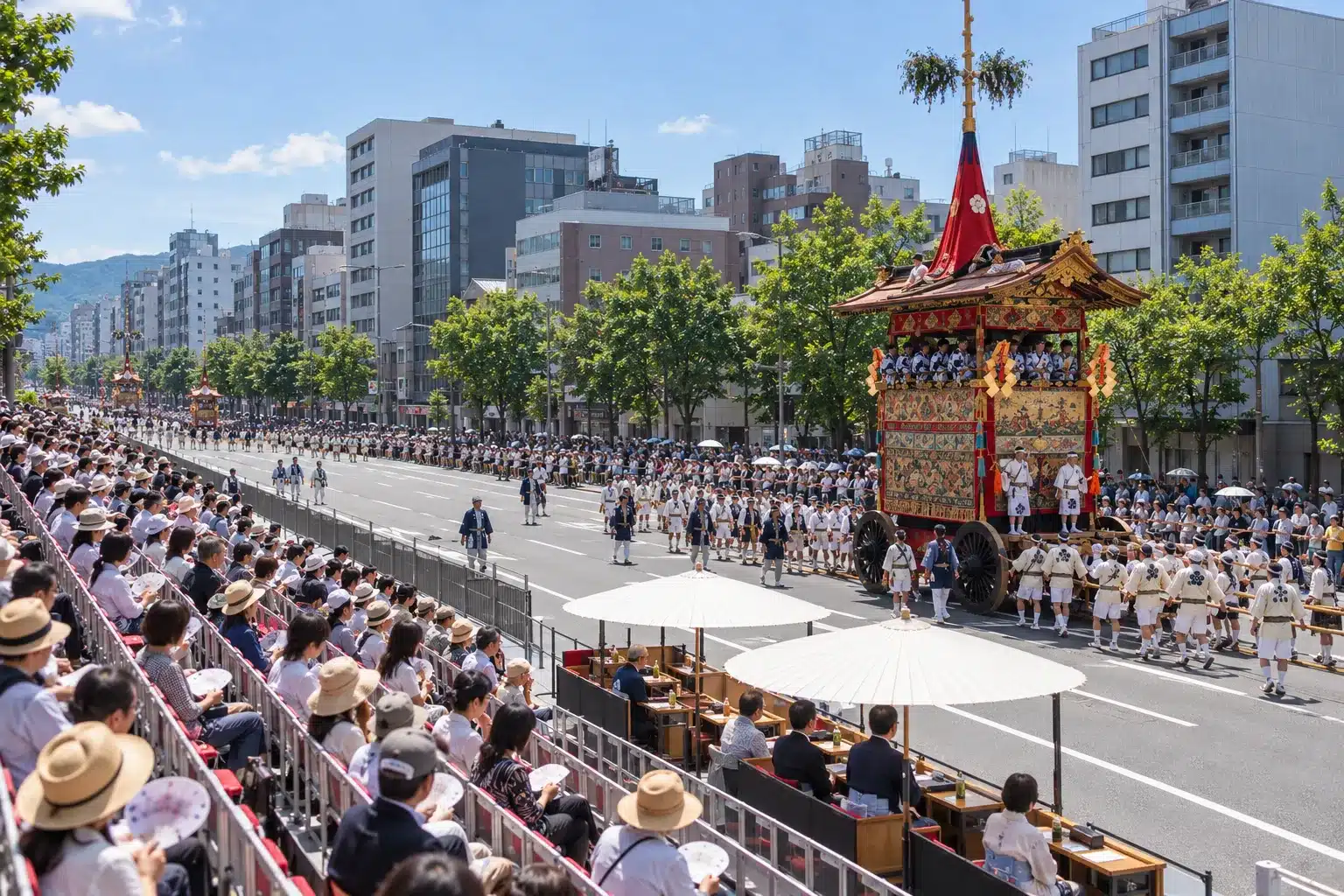Annotated photo of tiered viewing seats beside a Kyoto street with a festival float passing and 2026 seat prices marked