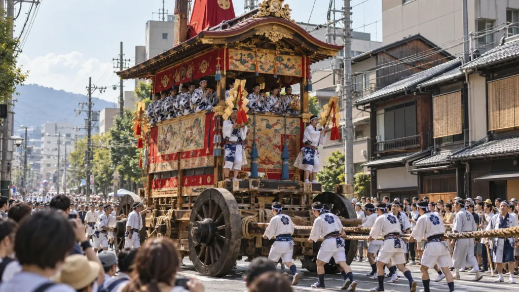 ethical festival photography : Spectators line a Kyoto street as a tall wooden hoko float is pulled in the Gion Matsuri procession