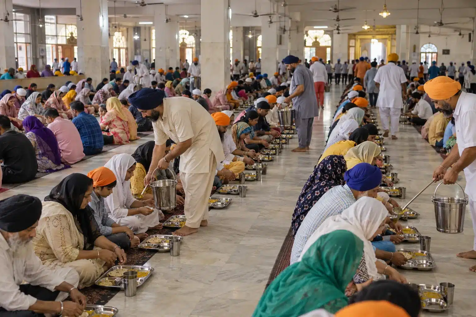 Visitors and volunteers in a gurdwara langar hall, seated on floor mats in rows with heads covered