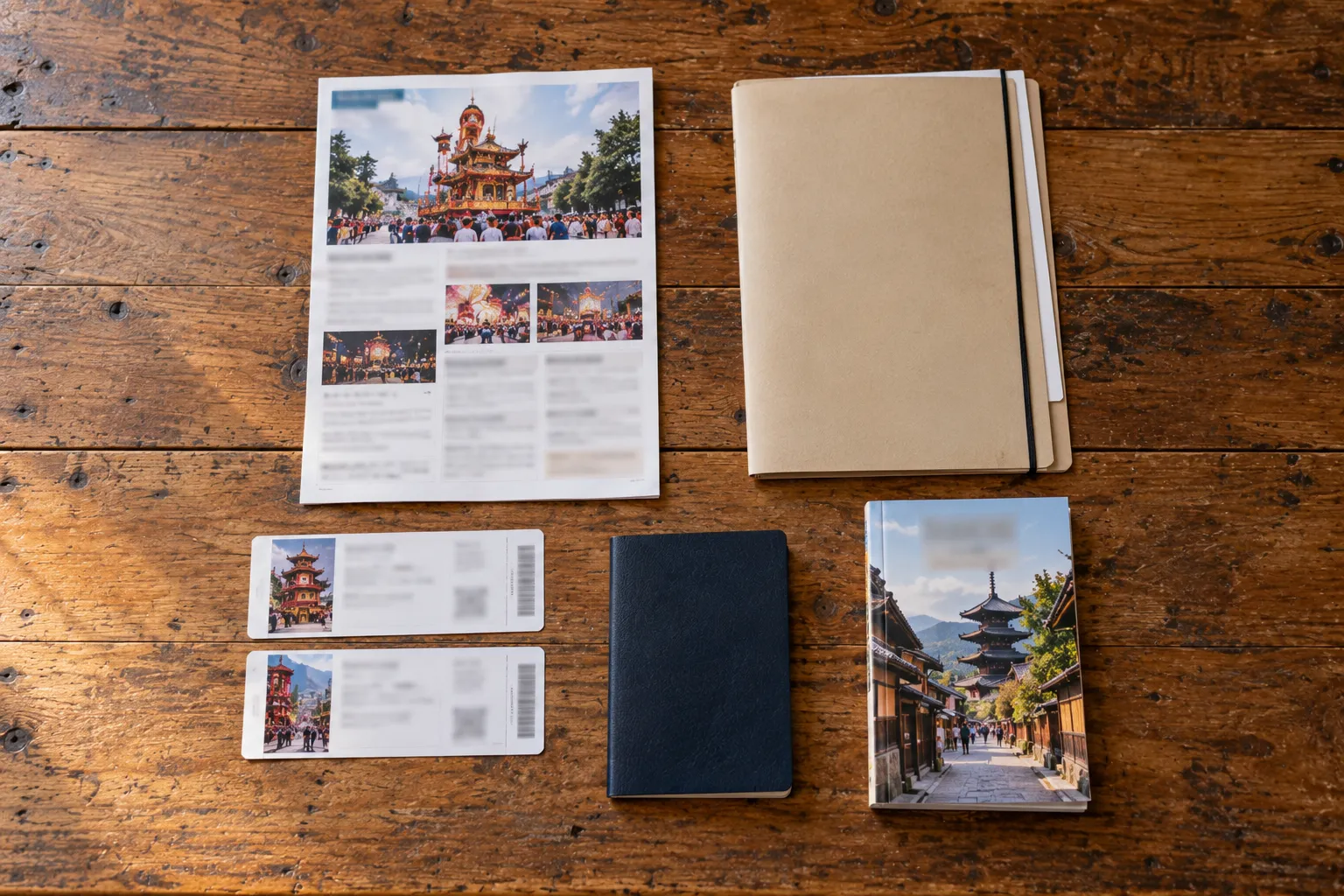 Annotated flat lay of a programme, tickets, passport, folder and guidebook for pre-booking checks
