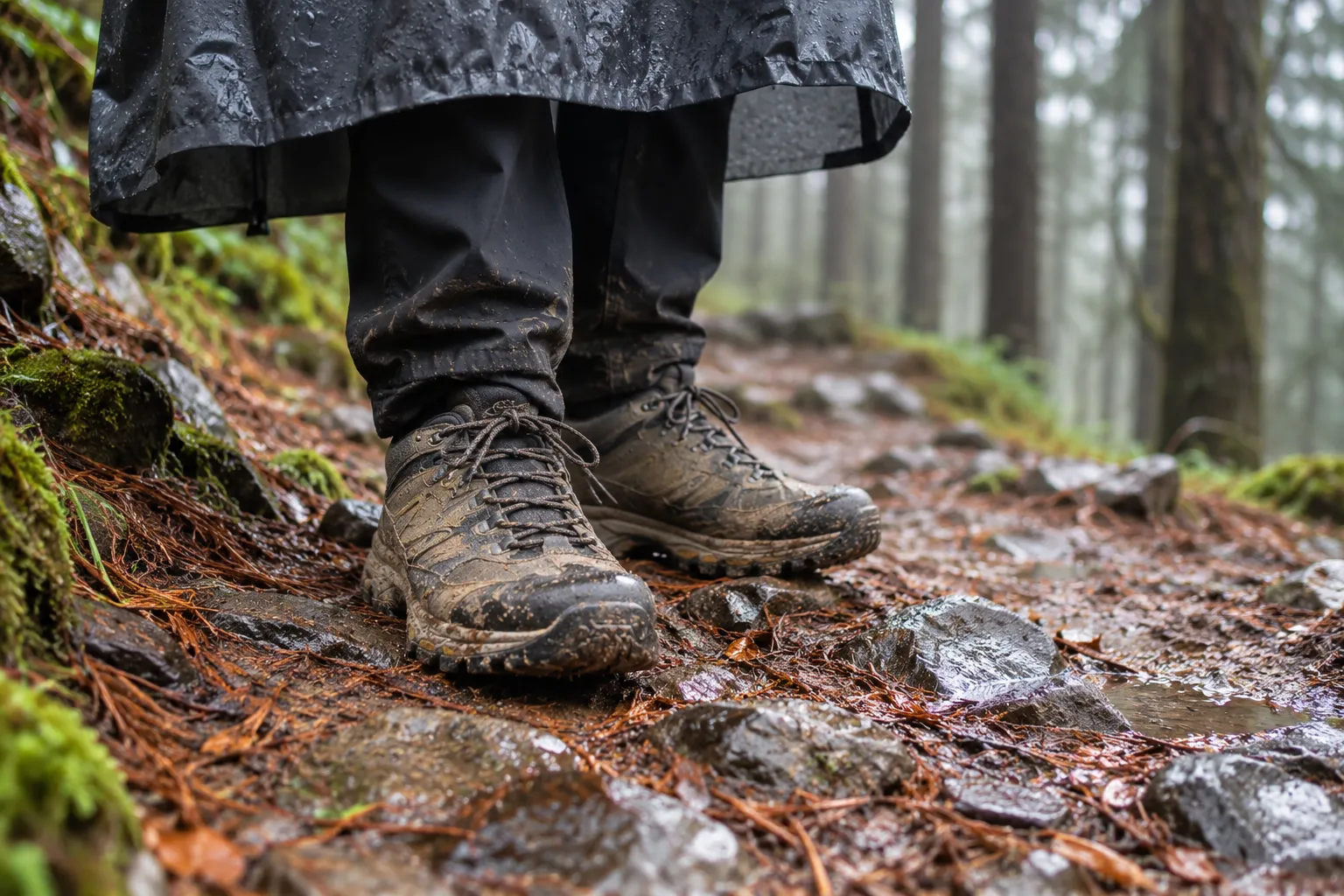 Muddy trail shoes and a rain poncho hem on a wet forest path covered in conifer needles during monsoon rain
