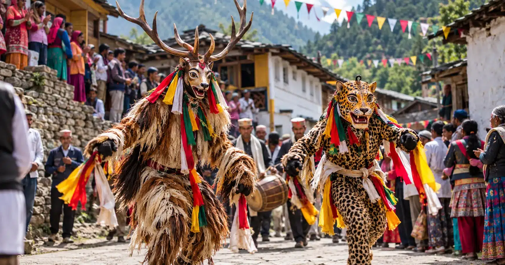 Performers in deer and leopard costume masks processing through a village during Hilljatra