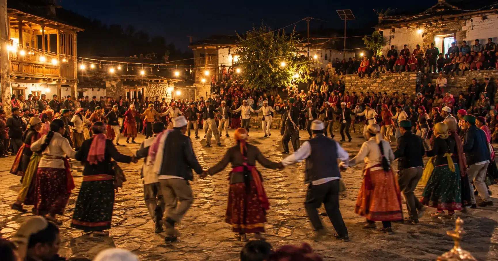 Villagers dancing together in a circle at night during Hilljatra's closing celebration