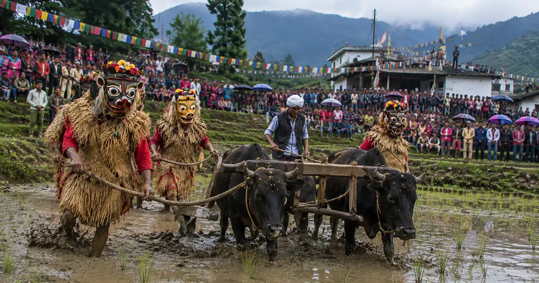 A performer re-enacting ploughing as part of Hilljatra's agricultural drama, watched by villagers