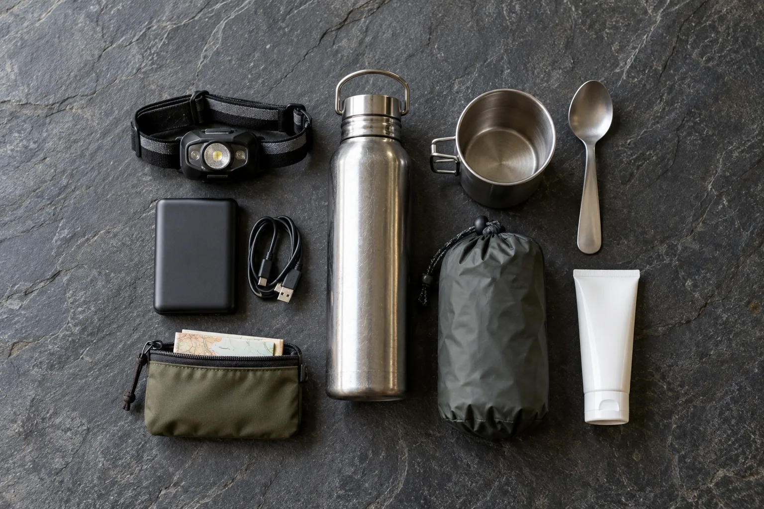 Annotated flat-lay of festival daypack items: headlamp, bottle, steel cup, power bank, cash pouch, poncho, sunscreen