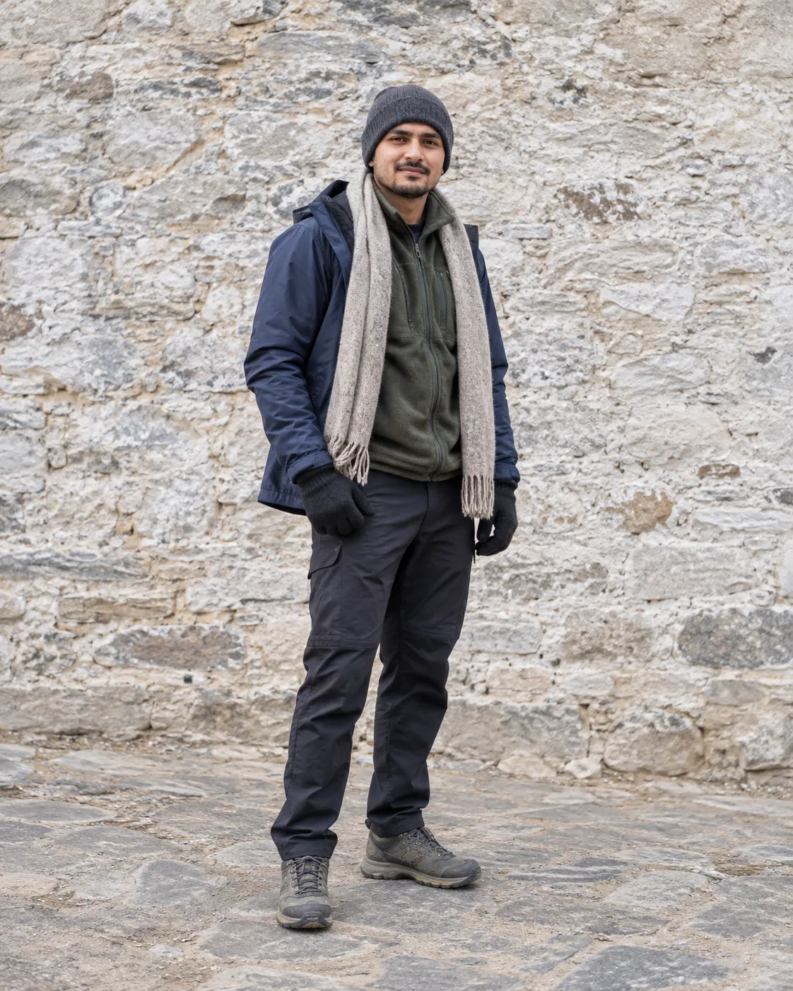 Annotated photo of layered clothing for a Himalayan festival: cap, shawl, shell, fleece, gloves, trousers, shoes