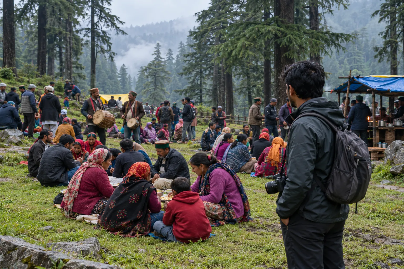 Families sit on grass near drummers at a Himalayan forest fair while a visitor watches quietly from the edge